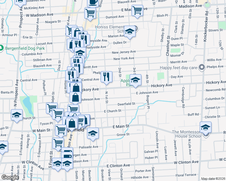 map of restaurants, bars, coffee shops, grocery stores, and more near 110 Hickory Avenue in Bergenfield