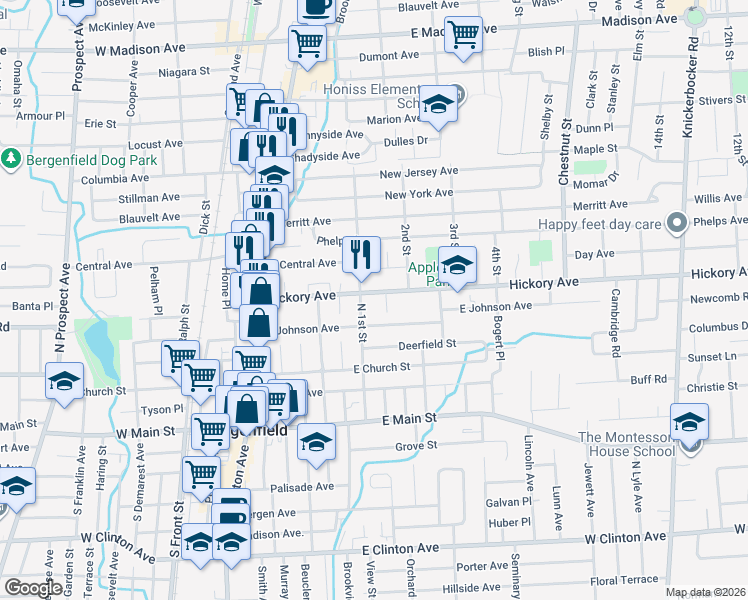 map of restaurants, bars, coffee shops, grocery stores, and more near 110 Hickory Avenue in Bergenfield