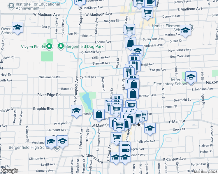 map of restaurants, bars, coffee shops, grocery stores, and more near 1 Pelham Place in Bergenfield