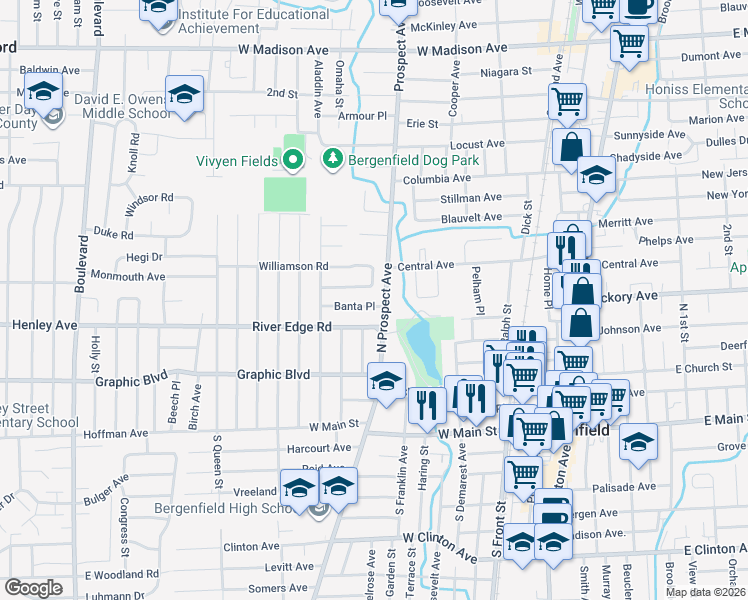 map of restaurants, bars, coffee shops, grocery stores, and more near 1 Banta Place in Bergenfield