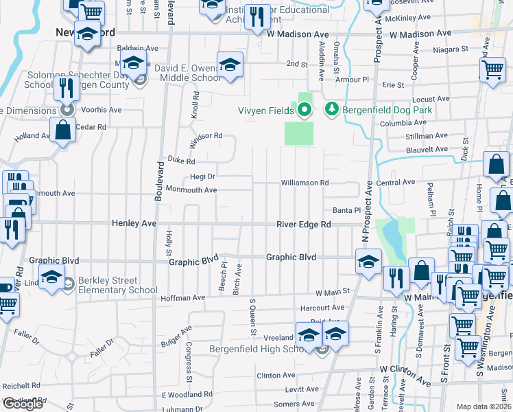 map of restaurants, bars, coffee shops, grocery stores, and more near 136 North Queen Street in Bergenfield