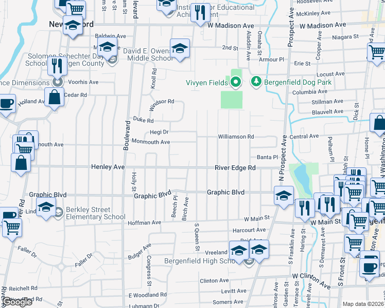 map of restaurants, bars, coffee shops, grocery stores, and more near 136 North Queen Street in Bergenfield
