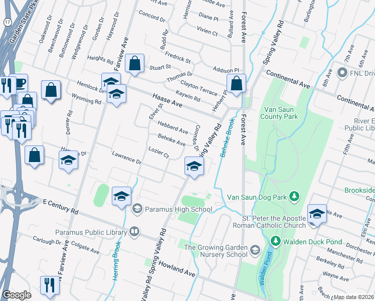 map of restaurants, bars, coffee shops, grocery stores, and more near 203 Lawson Place in Paramus