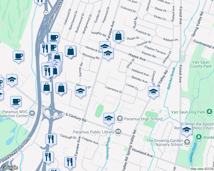 map of restaurants, bars, coffee shops, grocery stores, and more near 153 Lawrence Drive in Paramus
