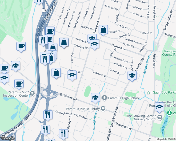 map of restaurants, bars, coffee shops, grocery stores, and more near 182 North Farview Avenue in Paramus