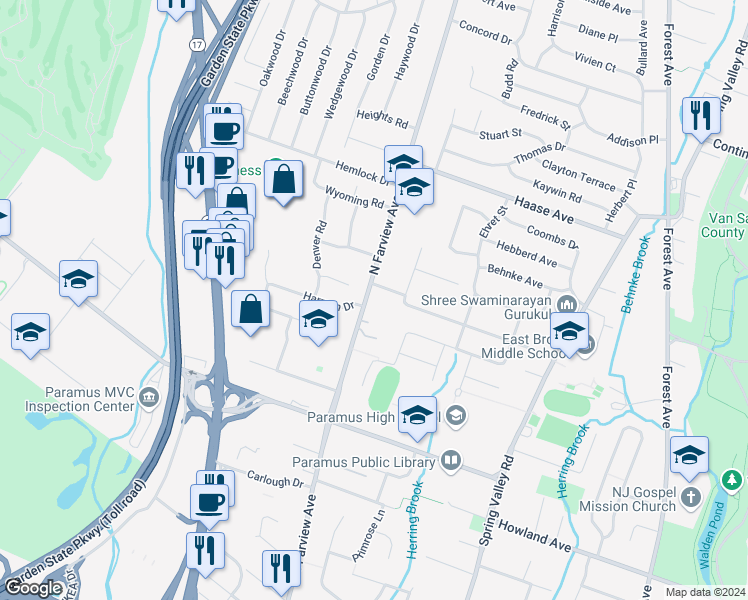 map of restaurants, bars, coffee shops, grocery stores, and more near 182 North Farview Avenue in Paramus