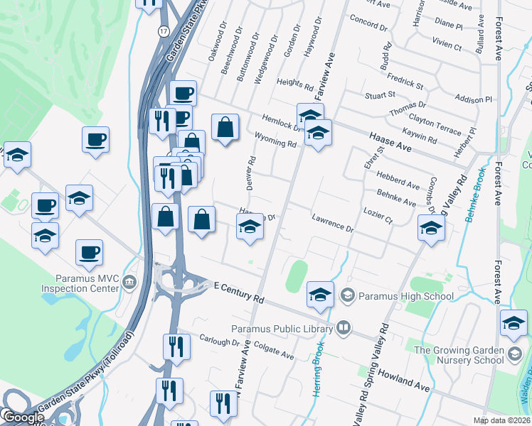 map of restaurants, bars, coffee shops, grocery stores, and more near 61 Harmon Drive in Paramus
