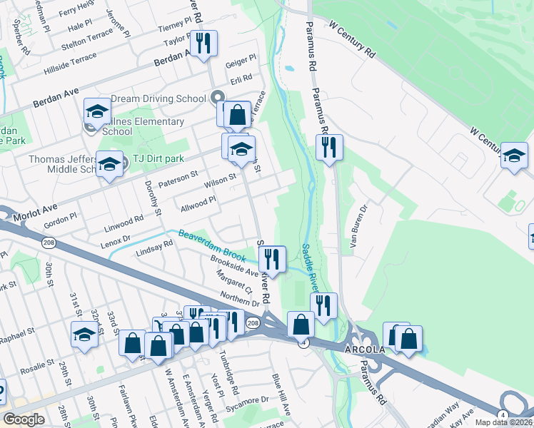 map of restaurants, bars, coffee shops, grocery stores, and more near 3-21 Saddle River Road in Fair Lawn