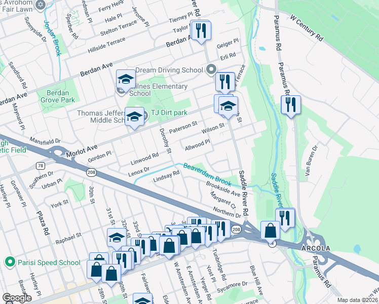 map of restaurants, bars, coffee shops, grocery stores, and more near 38-30 Allwood Place in Fair Lawn