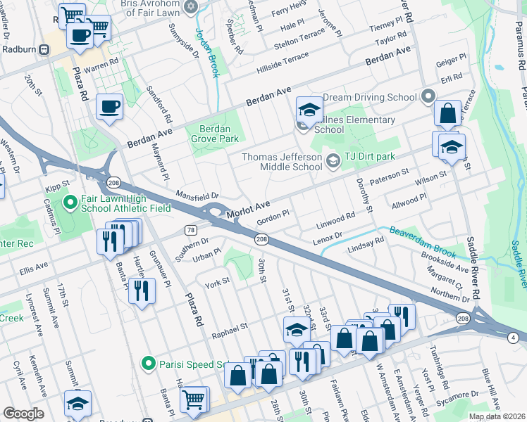 map of restaurants, bars, coffee shops, grocery stores, and more near 31-11 Gordon Place in Fair Lawn