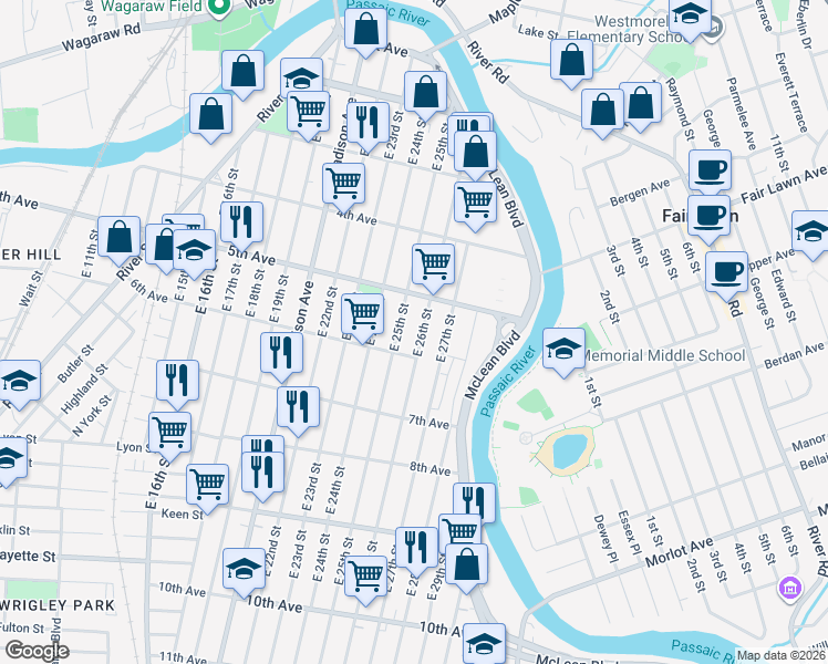 map of restaurants, bars, coffee shops, grocery stores, and more near 184 East 26th Street in Paterson