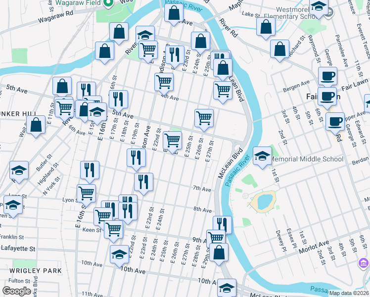 map of restaurants, bars, coffee shops, grocery stores, and more near 235 East 24th Street in Paterson
