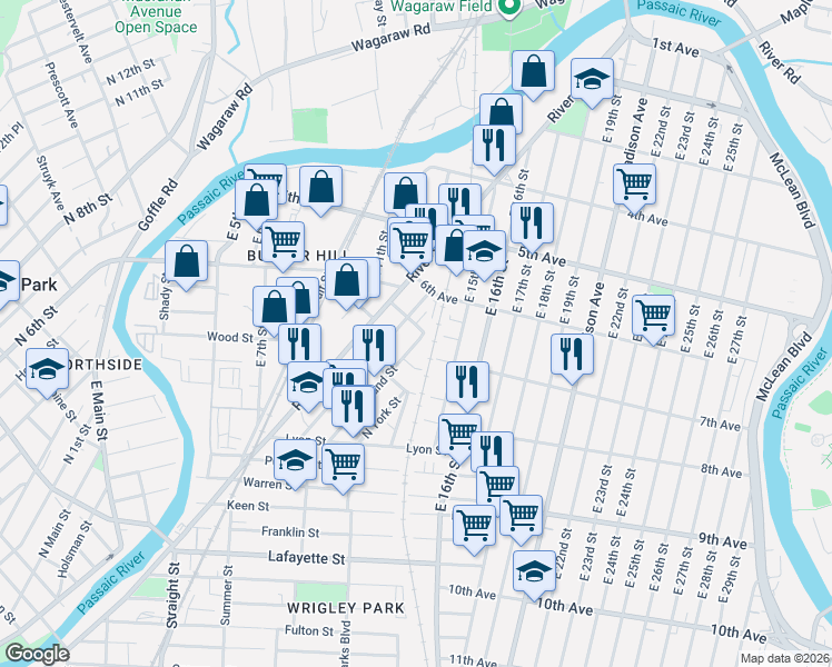 map of restaurants, bars, coffee shops, grocery stores, and more near 55-49 May Street in Paterson