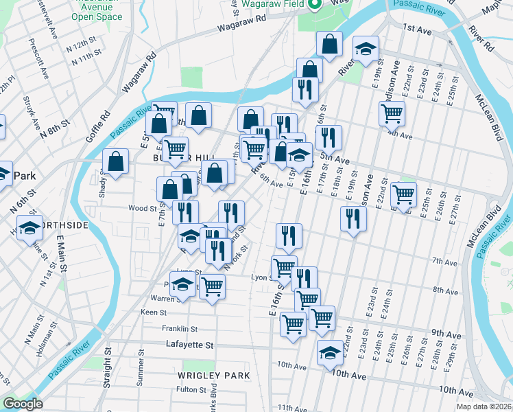 map of restaurants, bars, coffee shops, grocery stores, and more near 55-49 May Street in Paterson