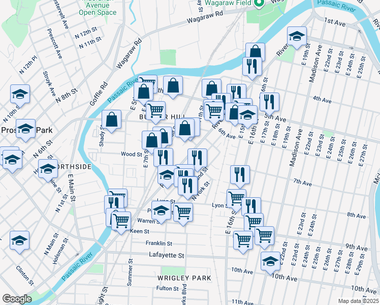 map of restaurants, bars, coffee shops, grocery stores, and more near 519 River Street in Paterson