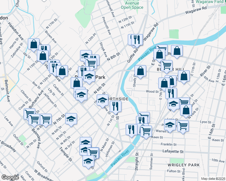 map of restaurants, bars, coffee shops, grocery stores, and more near 281 North 4th Street in Paterson