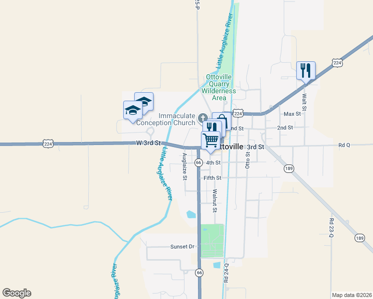 map of restaurants, bars, coffee shops, grocery stores, and more near 349 W 3rd St in Ottoville
