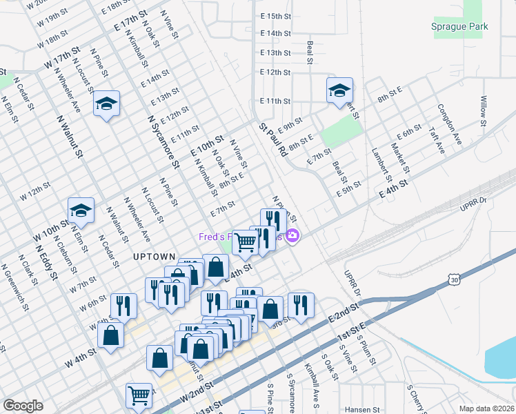 map of restaurants, bars, coffee shops, grocery stores, and more near 601-649 North Oak Street in Grand Island