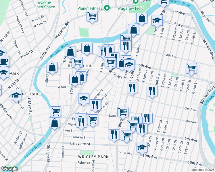 map of restaurants, bars, coffee shops, grocery stores, and more near 71 Butler Street in Paterson
