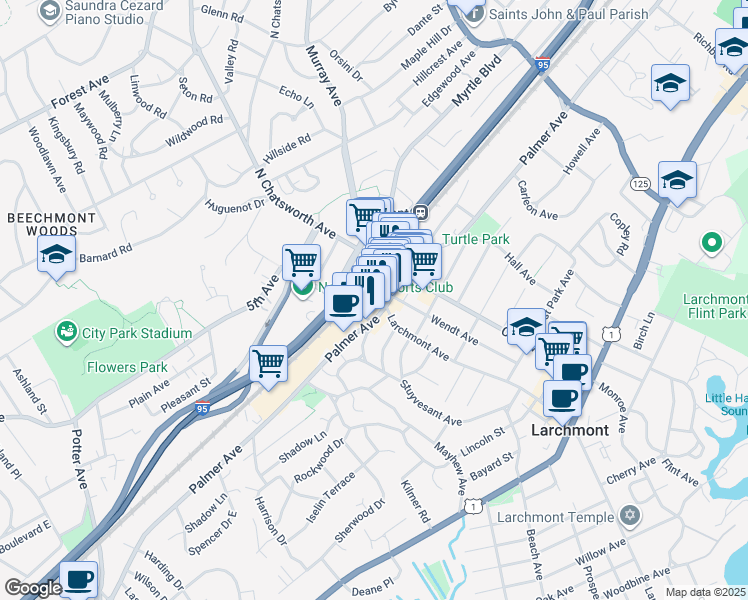 map of restaurants, bars, coffee shops, grocery stores, and more near East Avenue in Larchmont