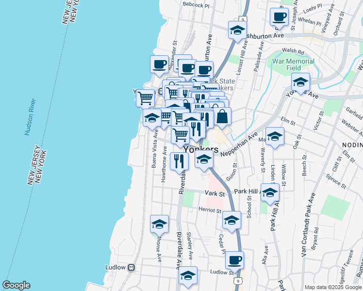 map of restaurants, bars, coffee shops, grocery stores, and more near Prospect Street in Yonkers