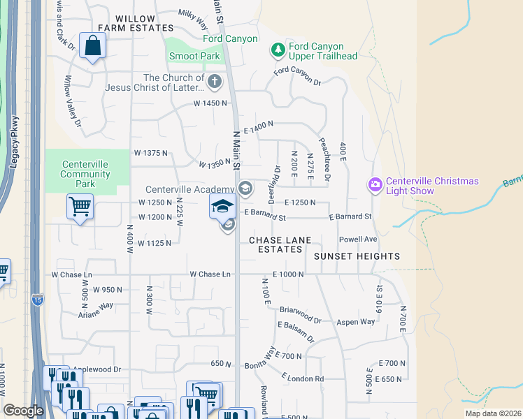 map of restaurants, bars, coffee shops, grocery stores, and more near 89 East 1200 North in Centerville