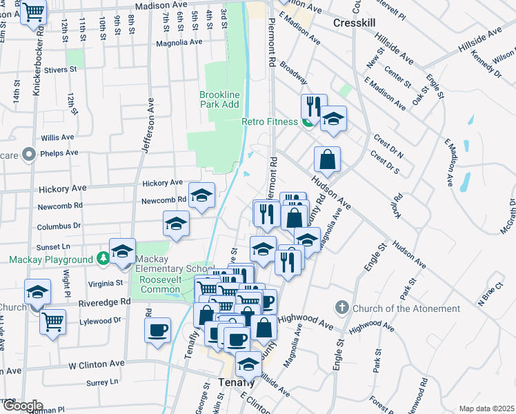 map of restaurants, bars, coffee shops, grocery stores, and more near 57 West Mahan Street in Tenafly
