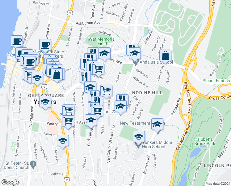 map of restaurants, bars, coffee shops, grocery stores, and more near 92 Ash Street in Yonkers