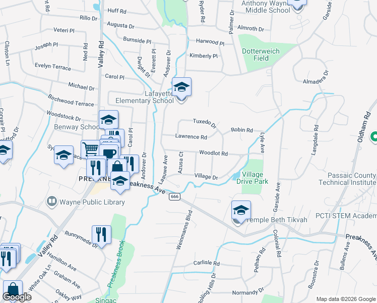 map of restaurants, bars, coffee shops, grocery stores, and more near 22 Woodlot Road in Wayne