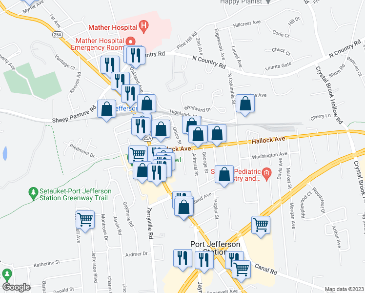 map of restaurants, bars, coffee shops, grocery stores, and more near 201 Hallock Avenue in Port Jefferson Station