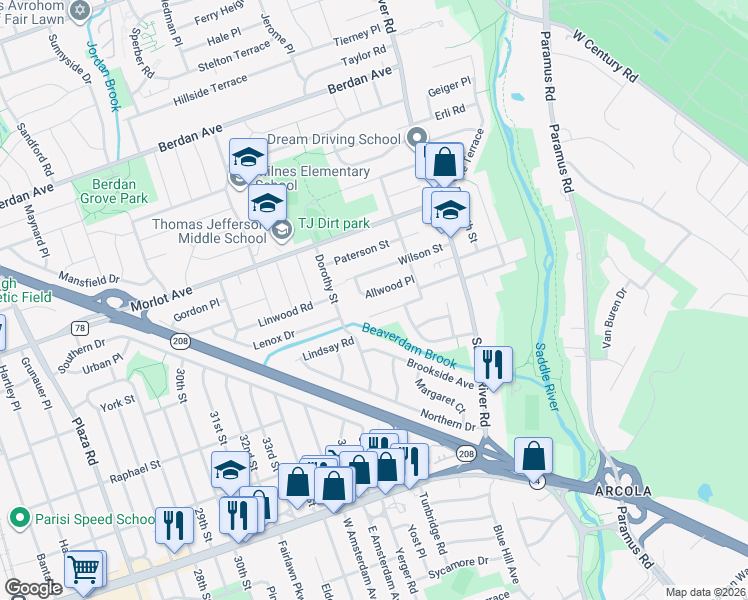 map of restaurants, bars, coffee shops, grocery stores, and more near 38-30 Allwood Place in Fair Lawn
