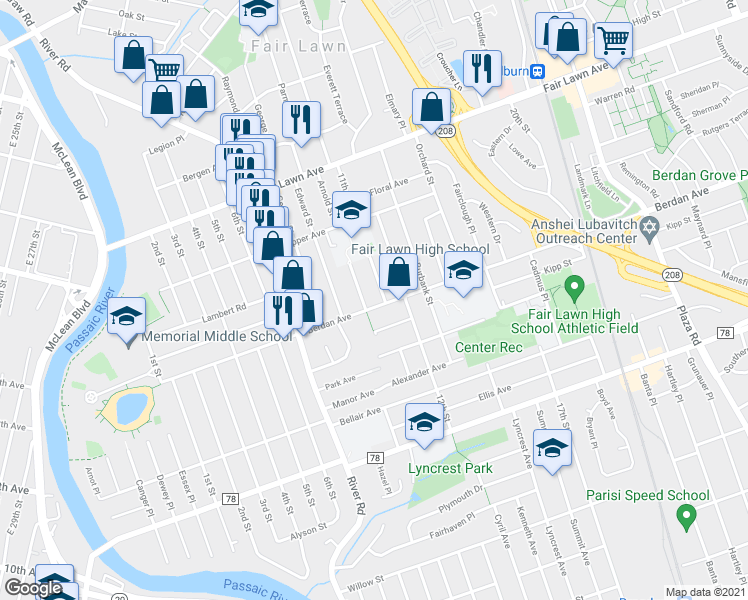 map of restaurants, bars, coffee shops, grocery stores, and more near 10-05 Berdan Avenue in Fair Lawn
