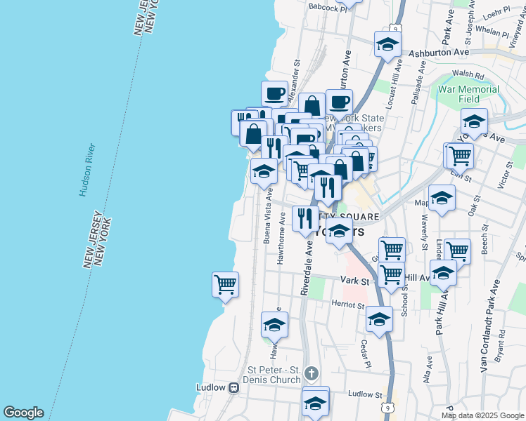 map of restaurants, bars, coffee shops, grocery stores, and more near 89 Buena Vista Avenue in Yonkers