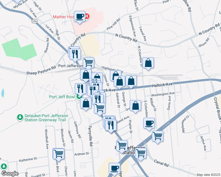 map of restaurants, bars, coffee shops, grocery stores, and more near 201 Hallock Avenue in Port Jefferson Station