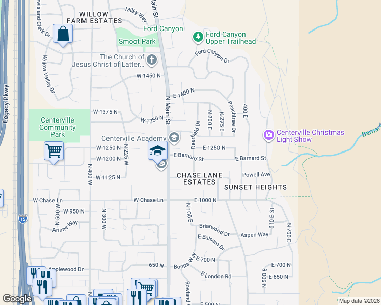 map of restaurants, bars, coffee shops, grocery stores, and more near 89 East 1200 North in Centerville