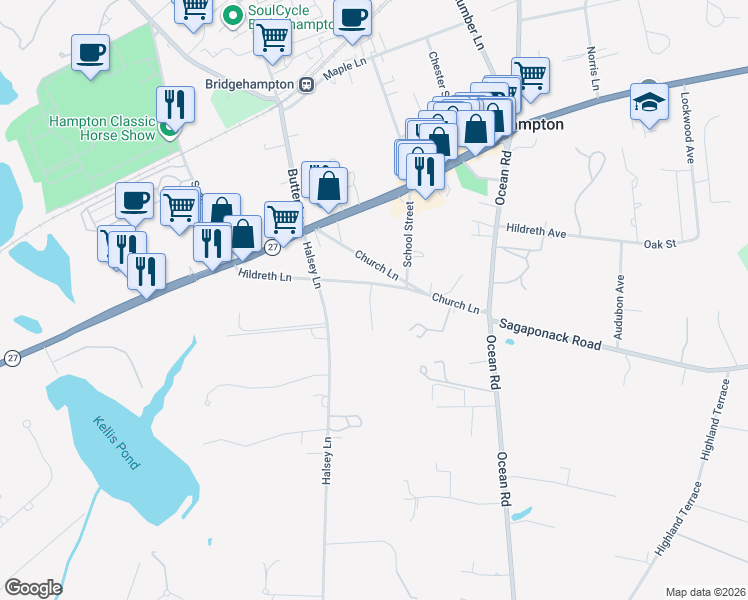 map of restaurants, bars, coffee shops, grocery stores, and more near 23 Topping Field Court in Bridgehampton
