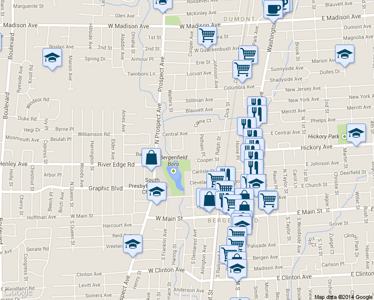 map of restaurants, bars, coffee shops, grocery stores, and more near 25 Moos Lane in Bergenfield