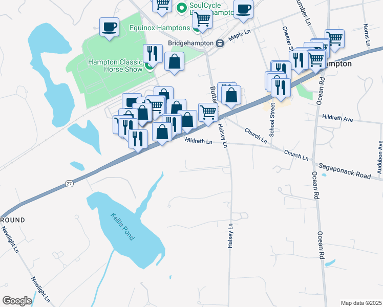 map of restaurants, bars, coffee shops, grocery stores, and more near 108 Halsey Lane in Water Mill