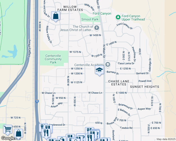 map of restaurants, bars, coffee shops, grocery stores, and more near 1212 North 225 West in Centerville