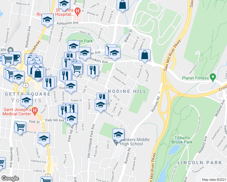 map of restaurants, bars, coffee shops, grocery stores, and more near 227 Elm Street in Yonkers