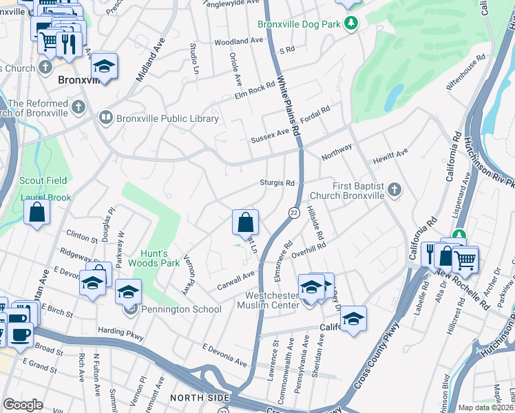 map of restaurants, bars, coffee shops, grocery stores, and more near 7 Pine Terrace in Bronxville