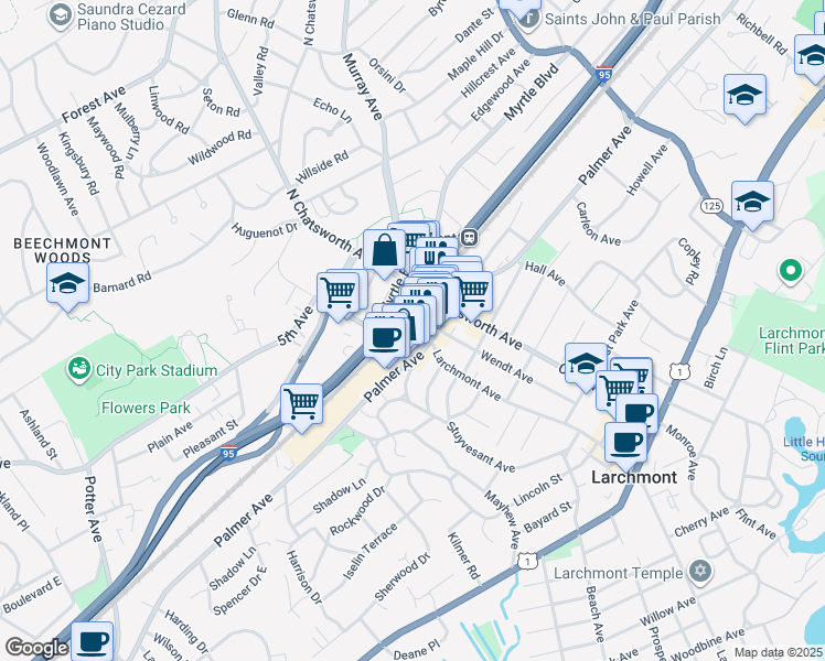 map of restaurants, bars, coffee shops, grocery stores, and more near 8 East Avenue in Larchmont