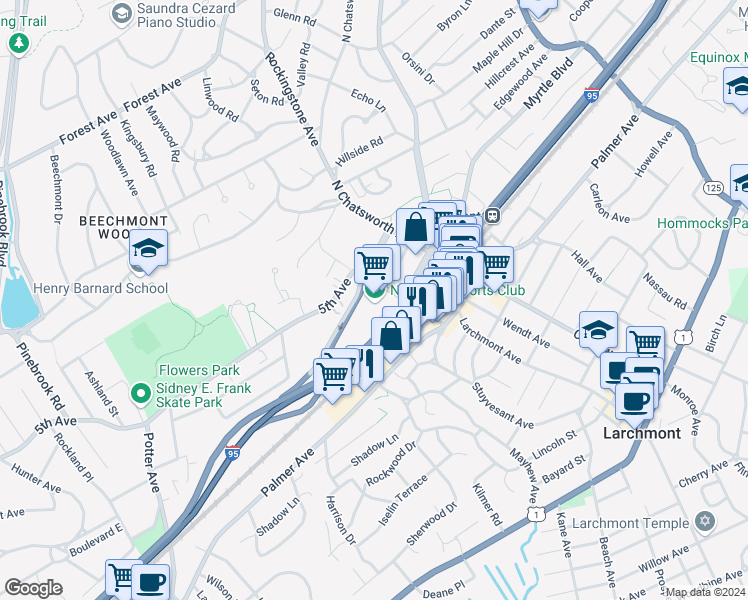 map of restaurants, bars, coffee shops, grocery stores, and more near 29 Maxwell Avenue in Larchmont