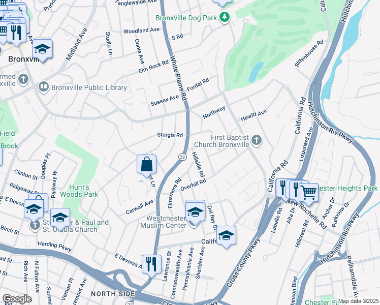 map of restaurants, bars, coffee shops, grocery stores, and more near 154 Elmsmere Road in Bronxville