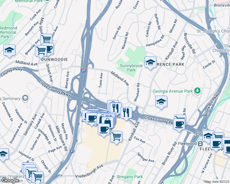 map of restaurants, bars, coffee shops, grocery stores, and more near 1 Dewey Avenue in Yonkers