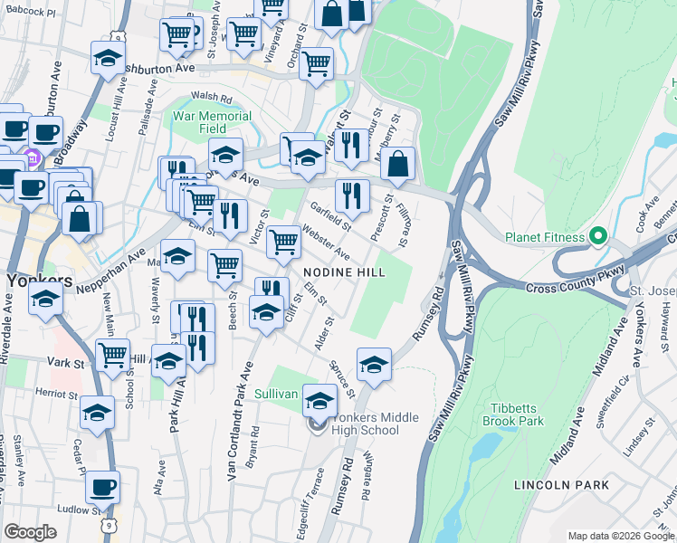 map of restaurants, bars, coffee shops, grocery stores, and more near 16 William Street in Yonkers