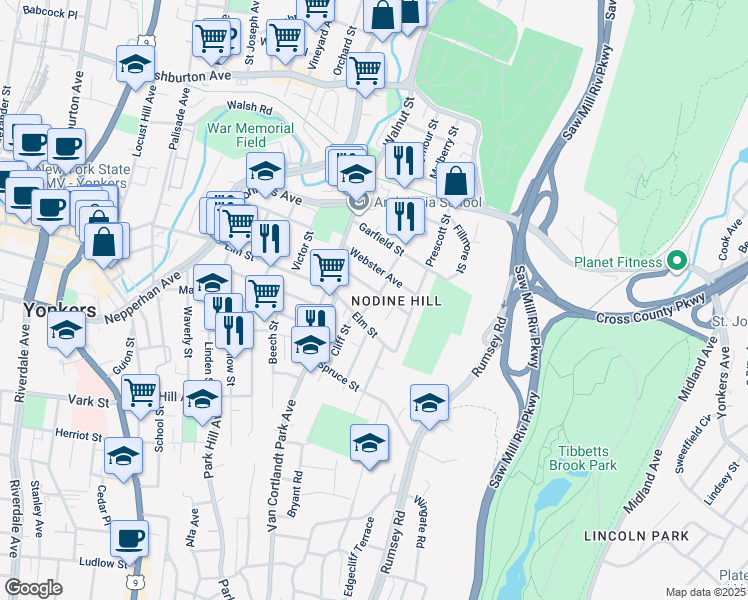 map of restaurants, bars, coffee shops, grocery stores, and more near 16 William Street in Yonkers