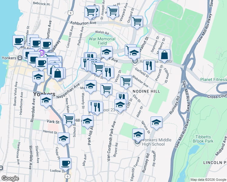 map of restaurants, bars, coffee shops, grocery stores, and more near 102 Ash Street in Yonkers
