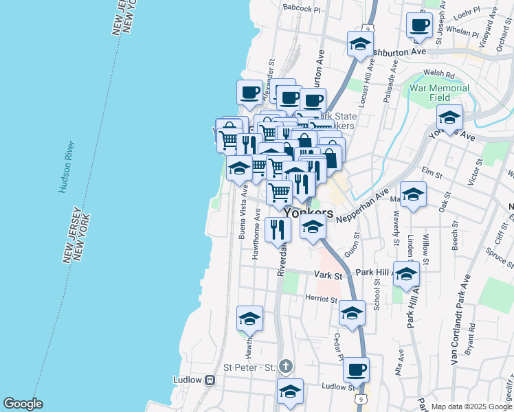 map of restaurants, bars, coffee shops, grocery stores, and more near 33 Hawthorne Avenue in Yonkers