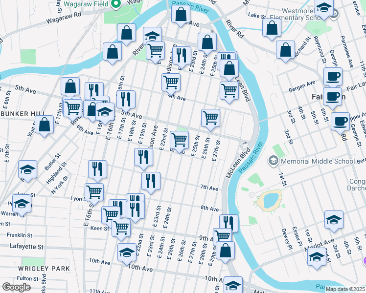 map of restaurants, bars, coffee shops, grocery stores, and more near 235 East 24th Street in Paterson